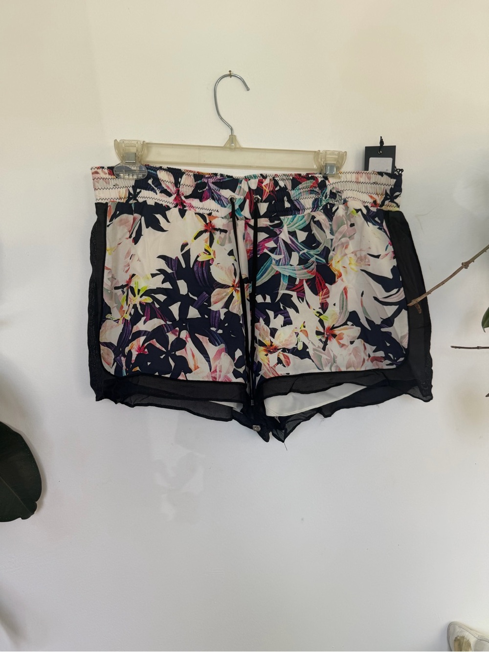 Women's Floral silk Shorts with Black sheer Trim